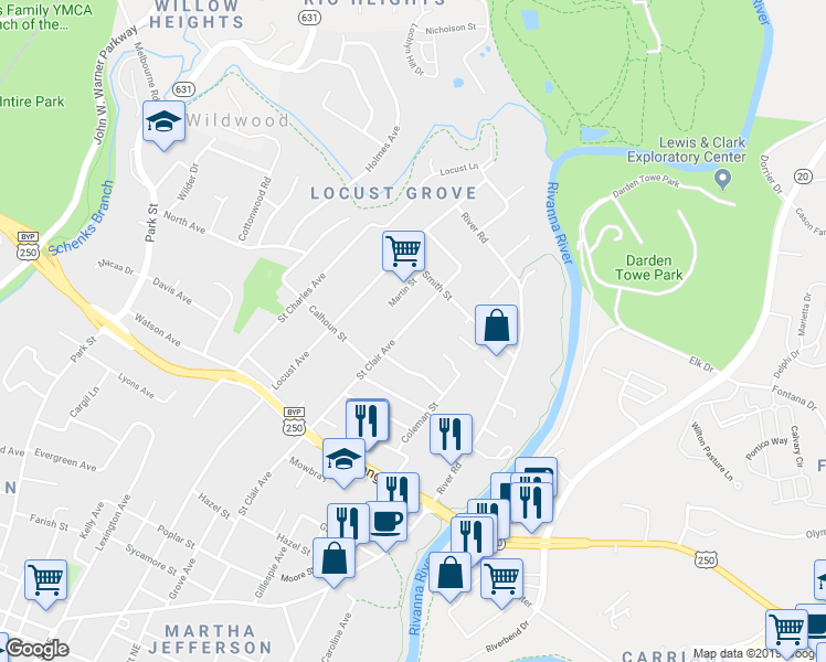 map of restaurants, bars, coffee shops, grocery stores, and more near 1022 Saint Clair Avenue in Charlottesville