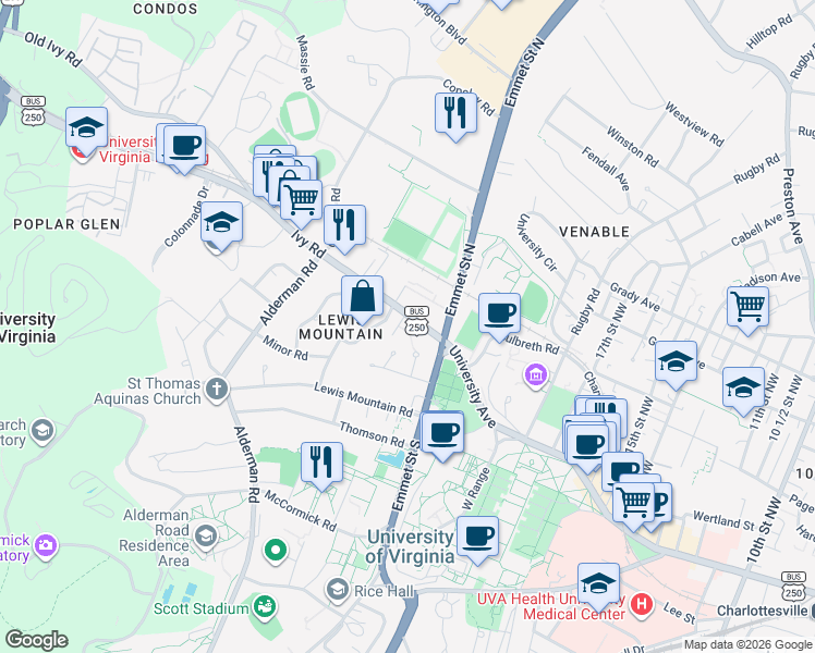 map of restaurants, bars, coffee shops, grocery stores, and more near 102 Cresap Rd in Charlottesville