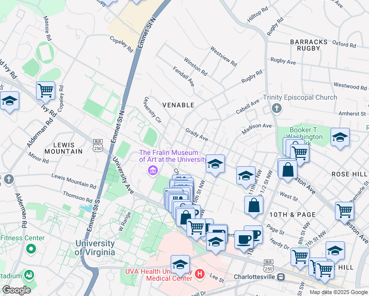 map of restaurants, bars, coffee shops, grocery stores, and more near 1702 Gordon Avenue in Charlottesville
