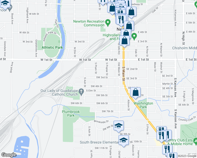 map of restaurants, bars, coffee shops, grocery stores, and more near 223 Southwest 3rd Street in Newton