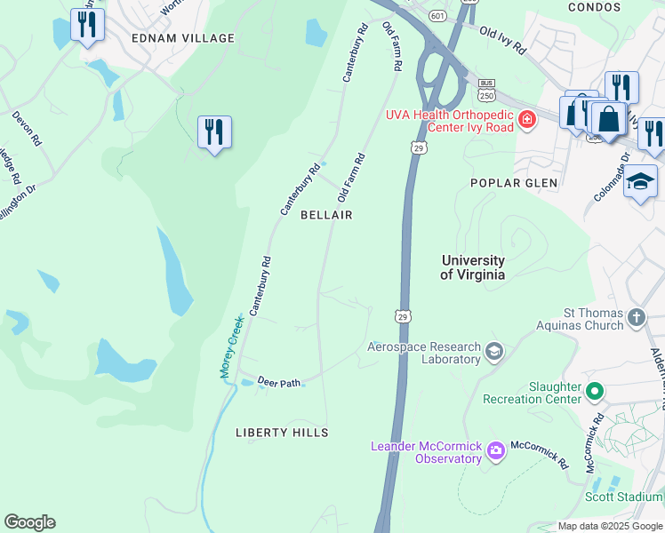 map of restaurants, bars, coffee shops, grocery stores, and more near 31 Old Farm Road in Charlottesville