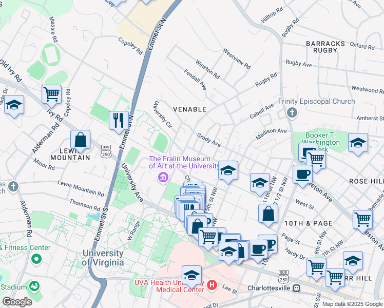 map of restaurants, bars, coffee shops, grocery stores, and more near 1704 Gordon Avenue in Charlottesville