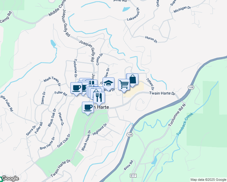 map of restaurants, bars, coffee shops, grocery stores, and more near 18859 Manzanita Dr in Twain Harte