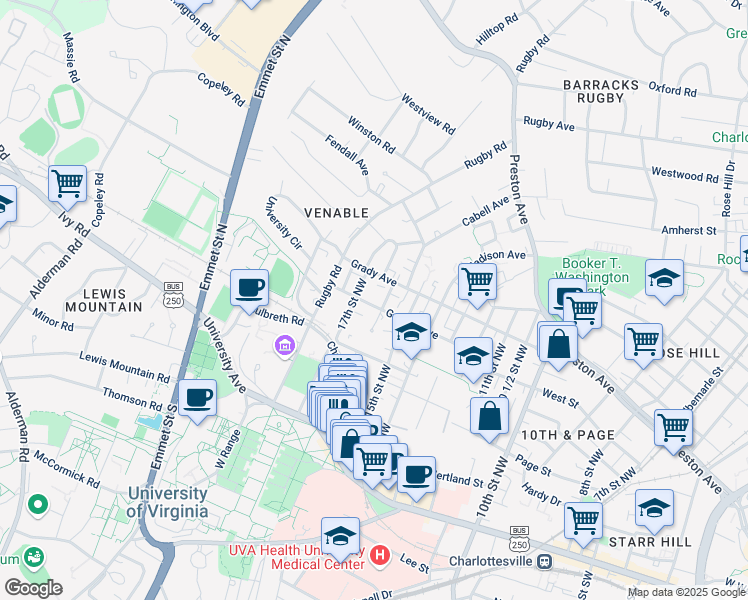 map of restaurants, bars, coffee shops, grocery stores, and more near 1618 Gordon Avenue in Charlottesville