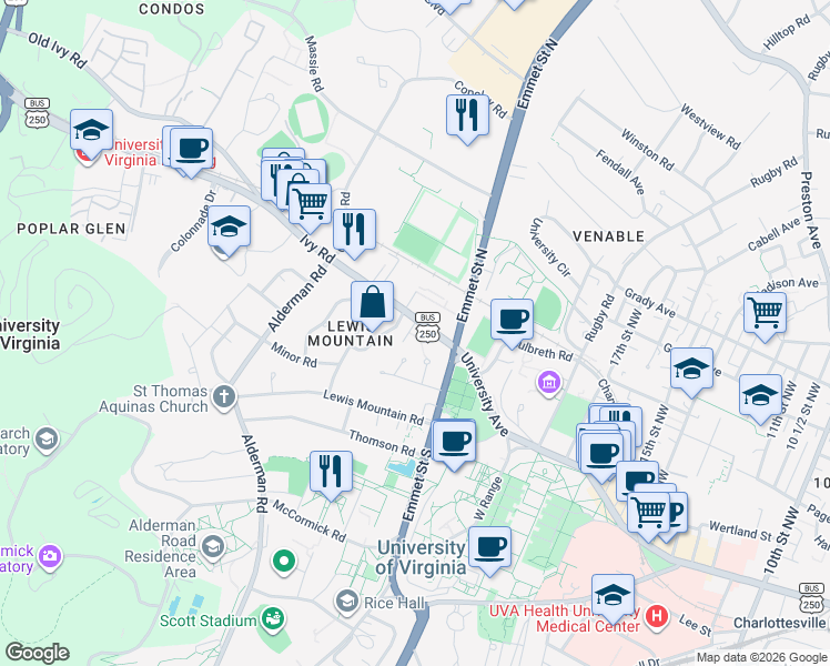 map of restaurants, bars, coffee shops, grocery stores, and more near 108 Cresap Road in Charlottesville