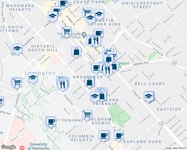 map of restaurants, bars, coffee shops, grocery stores, and more near 212 Rose Street in Lexington