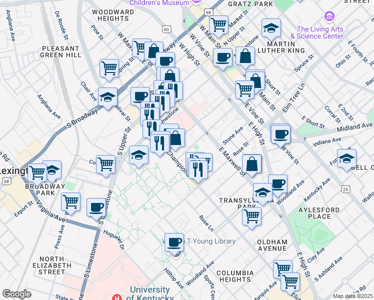 map of restaurants, bars, coffee shops, grocery stores, and more near 360 Lexington Avenue in Lexington