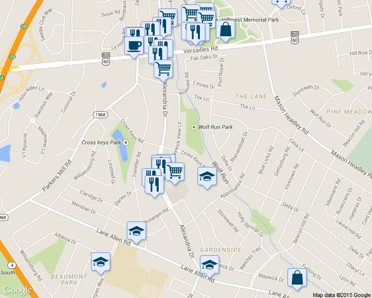 map of restaurants, bars, coffee shops, grocery stores, and more near 1674 Maywick View Lane in Lexington
