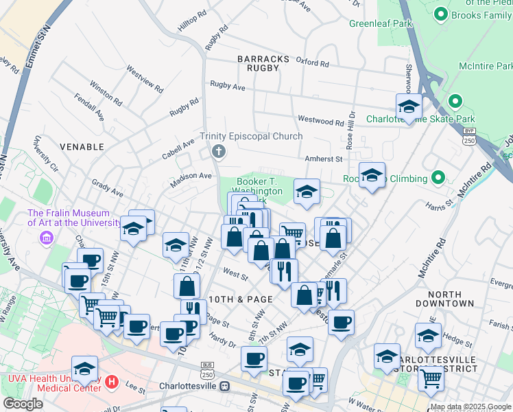 map of restaurants, bars, coffee shops, grocery stores, and more near 799 10th Street Northwest in Charlottesville