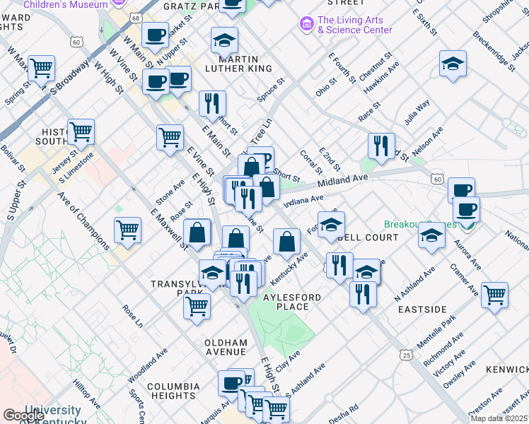 map of restaurants, bars, coffee shops, grocery stores, and more near 460 East Main Street in Lexington