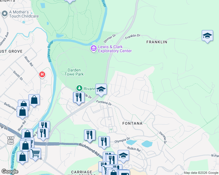 map of restaurants, bars, coffee shops, grocery stores, and more near 1809 Marietta Drive in Charlottesville