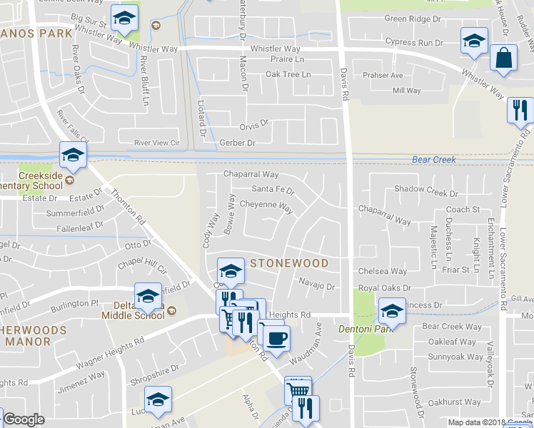 map of restaurants, bars, coffee shops, grocery stores, and more near 1921 Laredo Court in Stockton