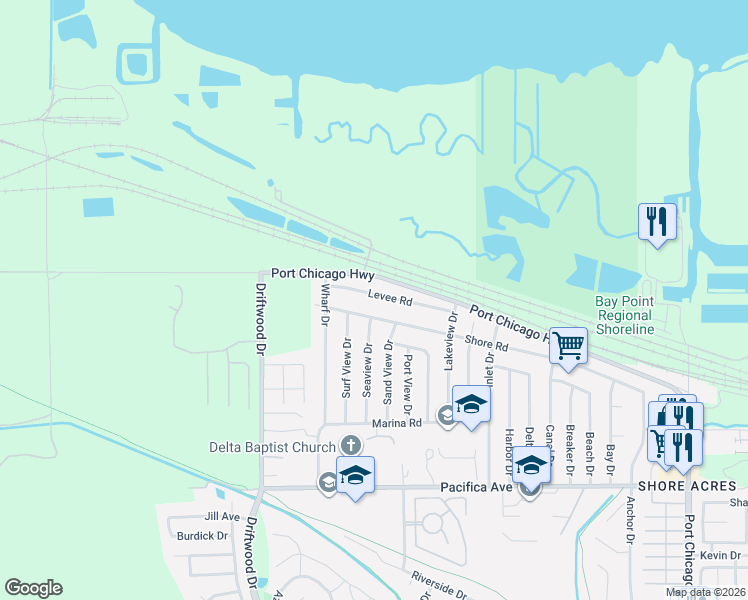 map of restaurants, bars, coffee shops, grocery stores, and more near 504 Shore Road in Bay Point