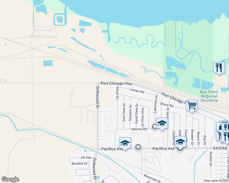 map of restaurants, bars, coffee shops, grocery stores, and more near 606 Shore Road in Bay Point