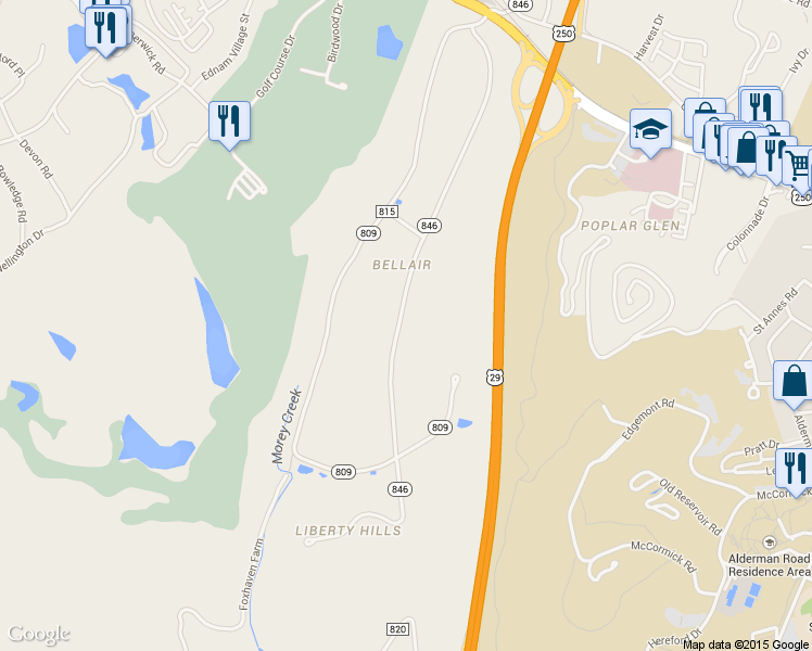 map of restaurants, bars, coffee shops, grocery stores, and more near 31 Old Farm Road in Charlottesville