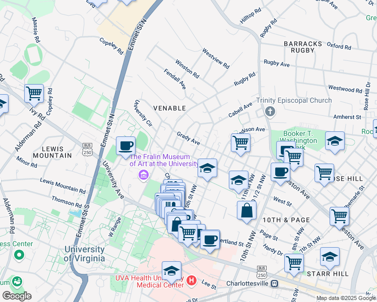 map of restaurants, bars, coffee shops, grocery stores, and more near 1605 Gordon Avenue in Charlottesville
