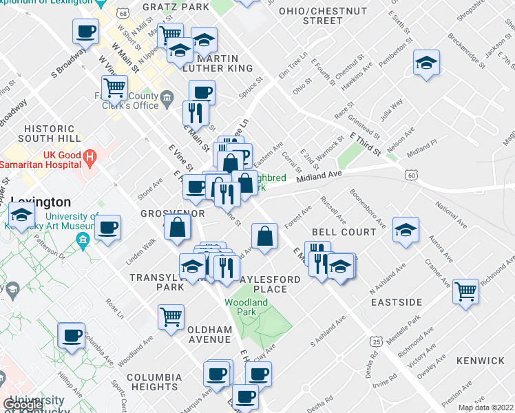 map of restaurants, bars, coffee shops, grocery stores, and more near East Main Street in Lexington