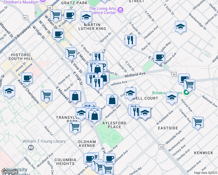 map of restaurants, bars, coffee shops, grocery stores, and more near East Main Street in Lexington