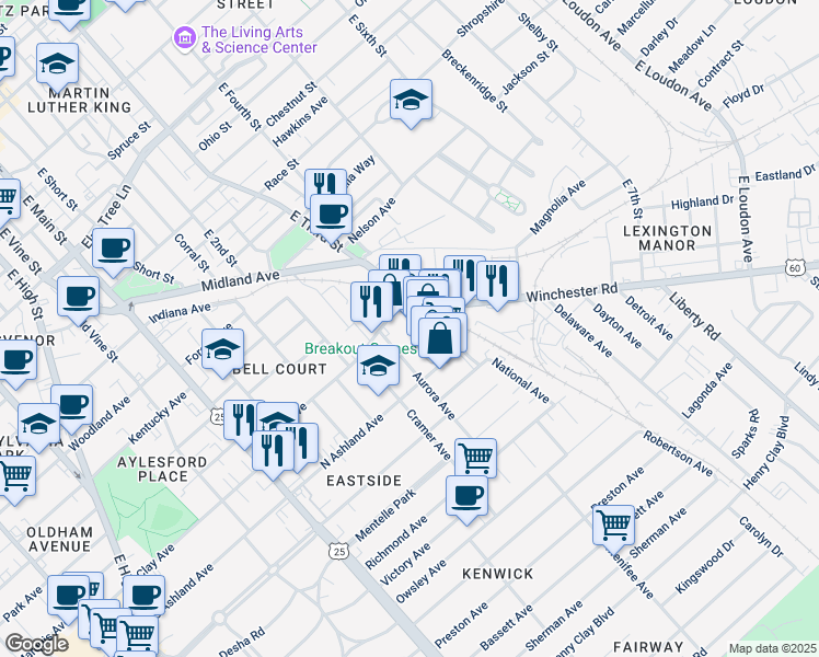 map of restaurants, bars, coffee shops, grocery stores, and more near 713 Aurora Avenue in Lexington