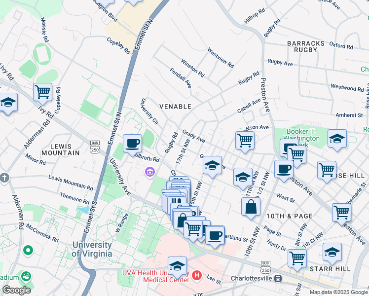map of restaurants, bars, coffee shops, grocery stores, and more near 1618 Gordon Avenue in Charlottesville