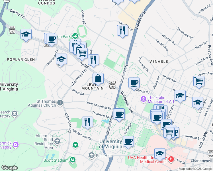 map of restaurants, bars, coffee shops, grocery stores, and more near 108 Cresap Road in Charlottesville