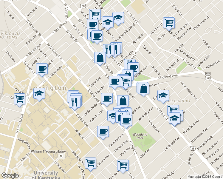map of restaurants, bars, coffee shops, grocery stores, and more near 212 Rose Street in Lexington