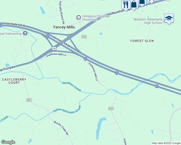 map of restaurants, bars, coffee shops, grocery stores, and more near 166 Patterson Mill Lane in Crozet