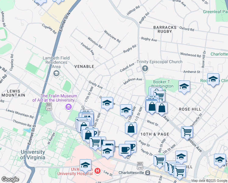 map of restaurants, bars, coffee shops, grocery stores, and more near 1405 Grady Avenue in Charlottesville