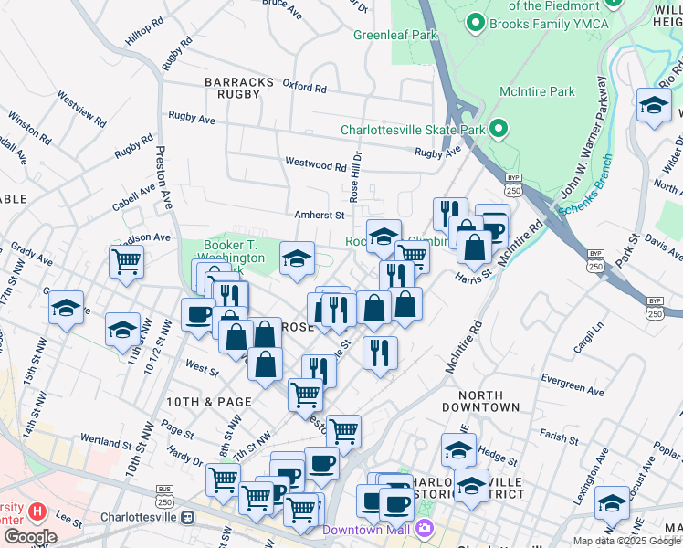 map of restaurants, bars, coffee shops, grocery stores, and more near 1002 Rose Hill Drive in Charlottesville