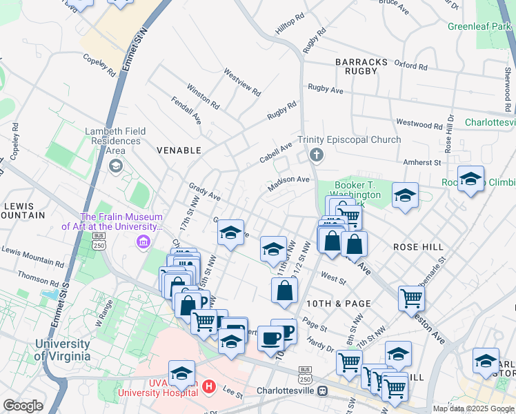 map of restaurants, bars, coffee shops, grocery stores, and more near 606 14th Street Northwest in Charlottesville