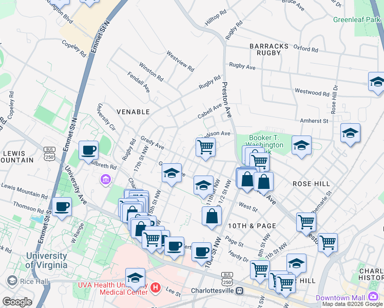 map of restaurants, bars, coffee shops, grocery stores, and more near 606 14th Street Northwest in Charlottesville