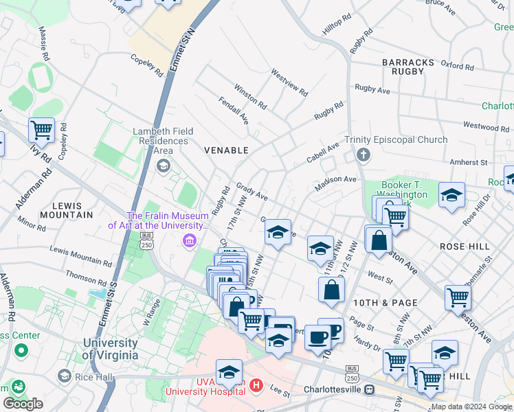 map of restaurants, bars, coffee shops, grocery stores, and more near 505 16th Street Northwest in Charlottesville