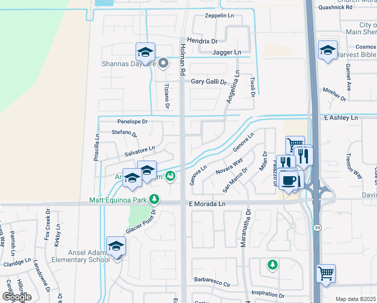 map of restaurants, bars, coffee shops, grocery stores, and more near 9655 Angelina Court in Stockton