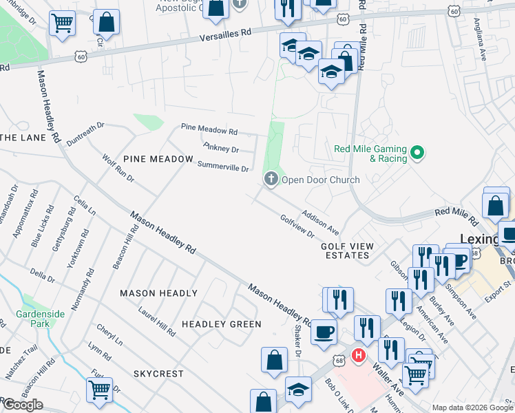 map of restaurants, bars, coffee shops, grocery stores, and more near 722 Golfview Drive in Lexington