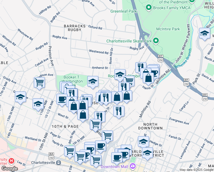 map of restaurants, bars, coffee shops, grocery stores, and more near 1002 Rose Hill Drive in Charlottesville