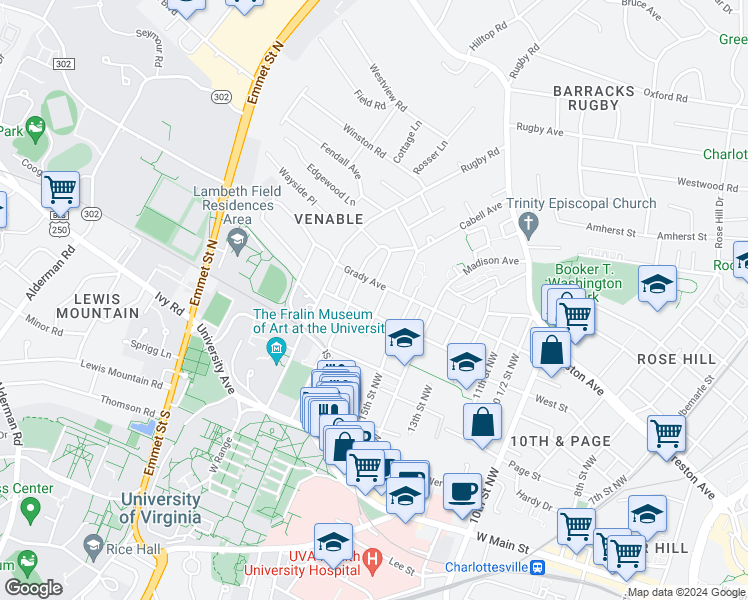 map of restaurants, bars, coffee shops, grocery stores, and more near 1618 Gordon Avenue in Charlottesville