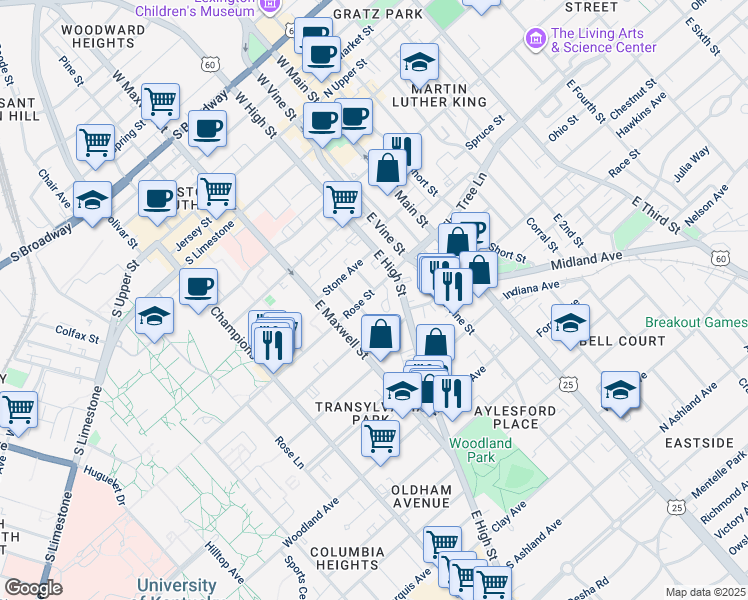 map of restaurants, bars, coffee shops, grocery stores, and more near 212 Rose Street in Lexington