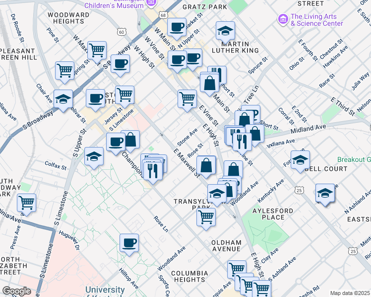 map of restaurants, bars, coffee shops, grocery stores, and more near 270 Rose Street in Lexington