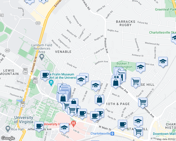 map of restaurants, bars, coffee shops, grocery stores, and more near 605 14th Street Northwest in Charlottesville