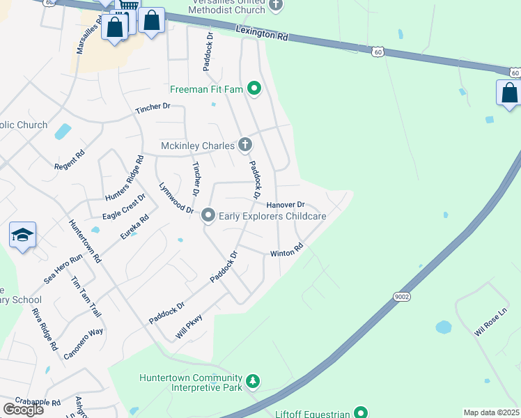 map of restaurants, bars, coffee shops, grocery stores, and more near 409 Gleneagles Way in Versailles