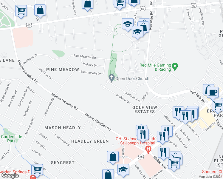 map of restaurants, bars, coffee shops, grocery stores, and more near 721 Golfview Drive in Lexington