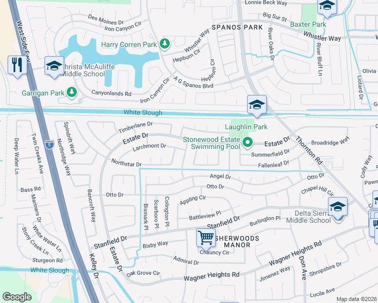 map of restaurants, bars, coffee shops, grocery stores, and more near 9754 Fountain Valley Drive in Stockton
