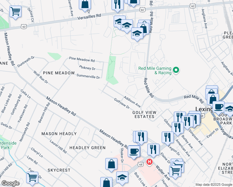 map of restaurants, bars, coffee shops, grocery stores, and more near 707 Golfview Drive in Lexington