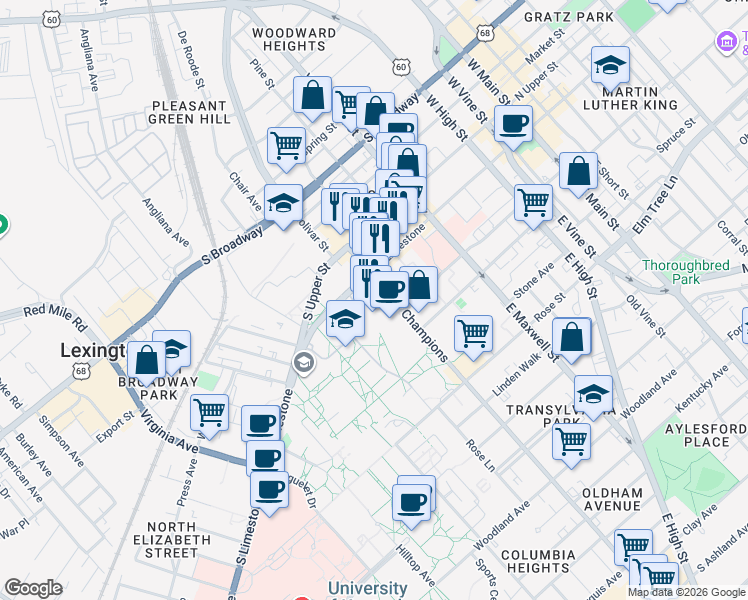 map of restaurants, bars, coffee shops, grocery stores, and more near in Lexington