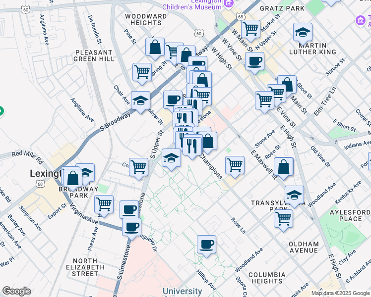 map of restaurants, bars, coffee shops, grocery stores, and more near in Lexington