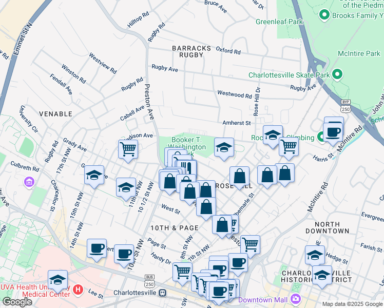 map of restaurants, bars, coffee shops, grocery stores, and more near 941 Henry Avenue in Charlottesville