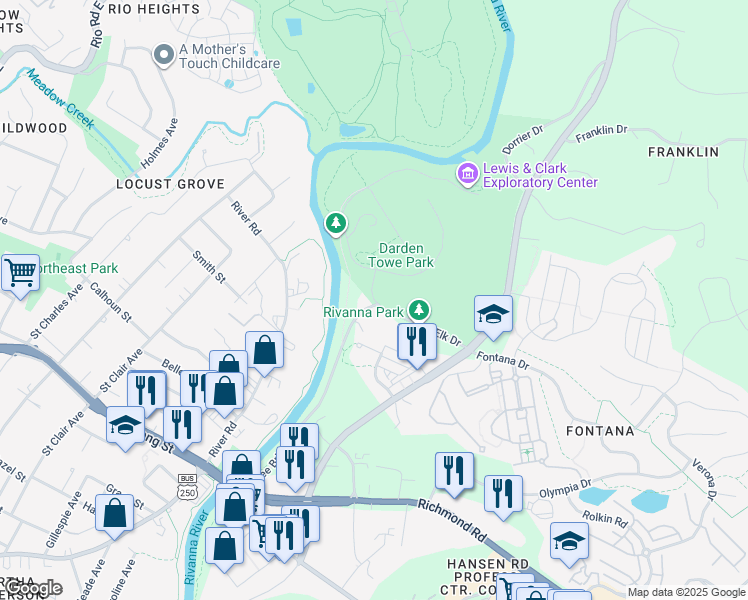 map of restaurants, bars, coffee shops, grocery stores, and more near 1201-1499 Elk Drive in Charlottesville