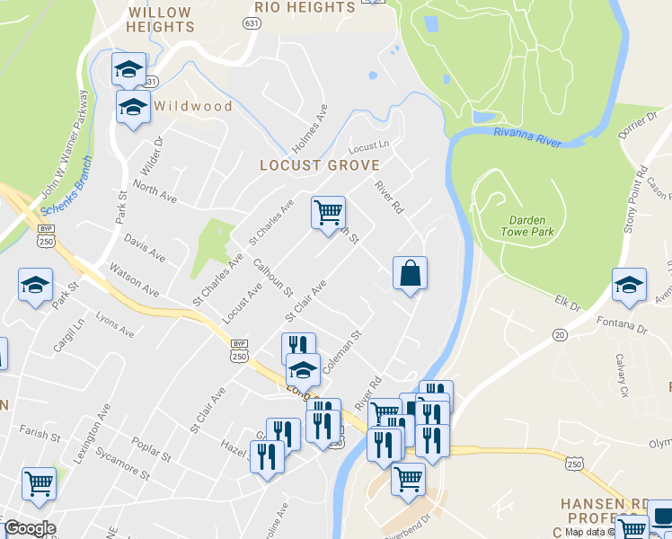 map of restaurants, bars, coffee shops, grocery stores, and more near 1022 Saint Clair Avenue in Charlottesville