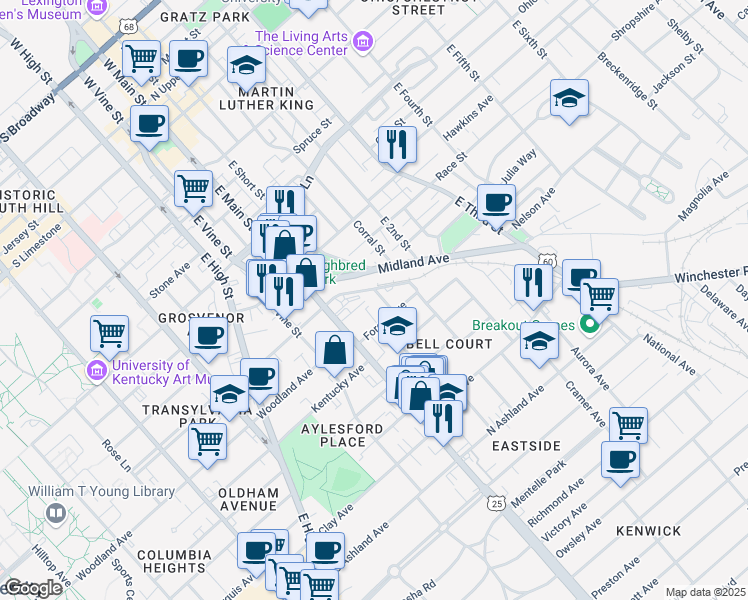 map of restaurants, bars, coffee shops, grocery stores, and more near 137 Forest Avenue in Lexington