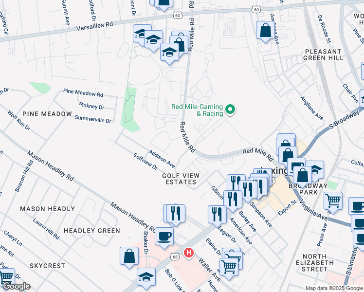 map of restaurants, bars, coffee shops, grocery stores, and more near 1001 Red Mile Road in Lexington